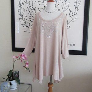 FRENCH BAZAAR beige studded oversized tunic shirt - handkerchief hem - Womens XL